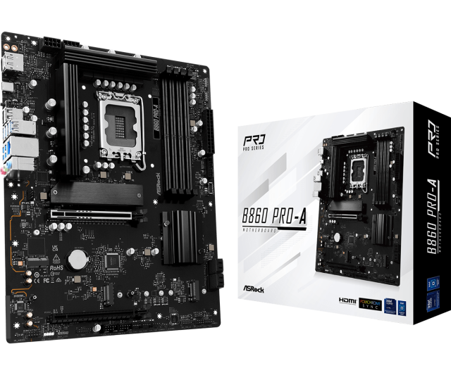 Дънна платка ASRock B860 PRO-A, LGA1851, 4x DDR5, 3x M.2, 4x SATA 6Gb/s, HDMI, DP, ATX