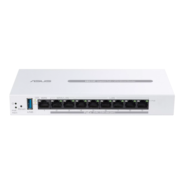 Рутер ASUS ExpertWiFi EBG19P, LAN: 6x10/100/1000Base-T, WAN/LAN: 2x10/100/1000Base-T, WAN: 1x10/100/1000Base-T Gigabit, 1 x USB 3.2 Gen 1, Bluetooth