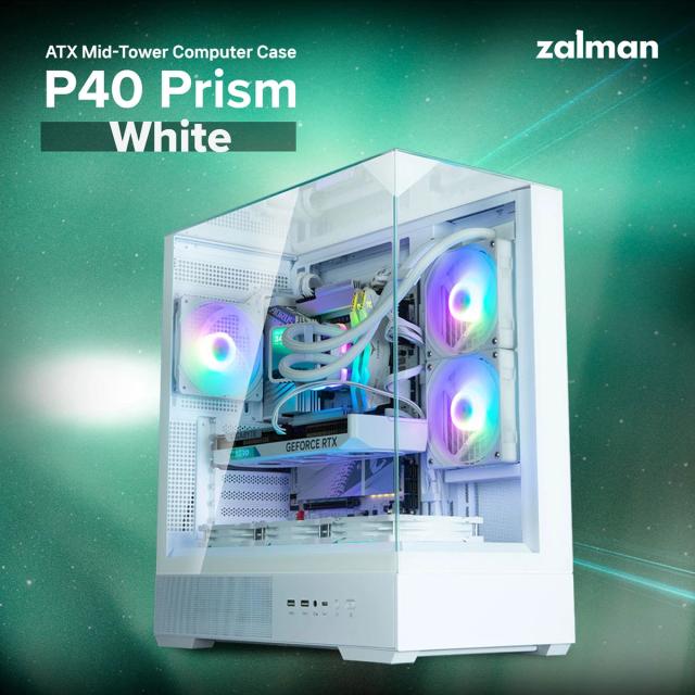 Кутия Zalman P40 Prism White, Middle Tower, Tempered Glass, 1 x USB 3.1 Type-C, 1 x USB 3.0, 1 x HD Audio, ATX / mATX / Mini-ITX