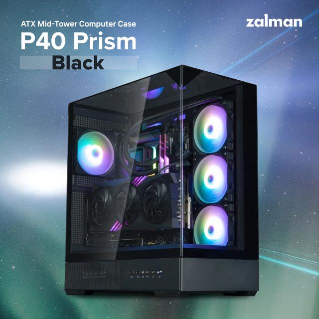 Кутия Zalman P40 Prism Black, Middle Tower, Tempered Glass, 1 x USB 3.1 Type-C, 1 x USB 3.0, 1 x HD Audio, ATX / mATX / Mini-ITX