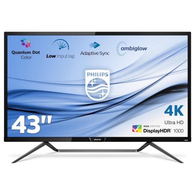 Монитор Philips 436M6VBPAB, 43" Wide MVA LED, 4 ms, 4000:1, 50M:1 DCR, 720/1000 cd/m2, 3840x2160@60Hz, Adaptive Sync, 1xUSB-C/2xUSB 3.0, HDMI, DP, Headphone Out, Speakers, Black