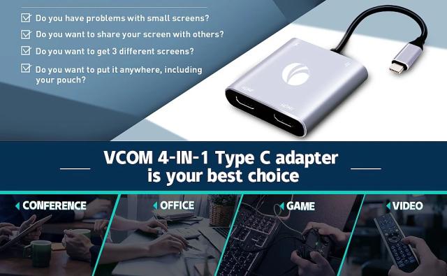 Мултипортов адаптер VCom CU450S 4-in-1 - HDMI x 2, USB2.0, USB-C PD3.0 100W, MST