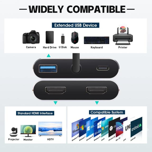 Мултипортов адаптер VCom CU450S 4-in-1 - HDMI x 2, USB2.0, USB-C PD3.0 100W, MST
