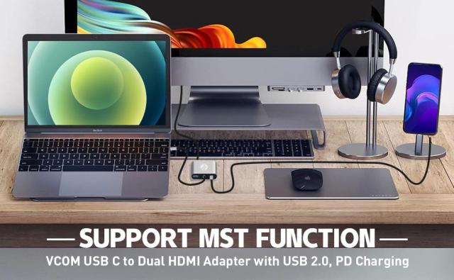 Мултипортов адаптер VCom CU450S 4-in-1 - HDMI x 2, USB2.0, USB-C PD3.0 100W, MST