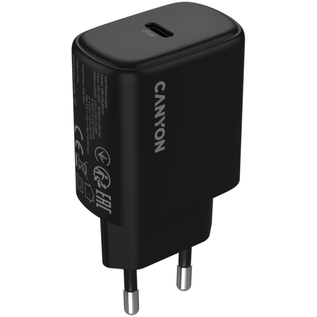 Зарядно CANYON charger OnCharge 200, 1x USB Type-C, 20W, Black