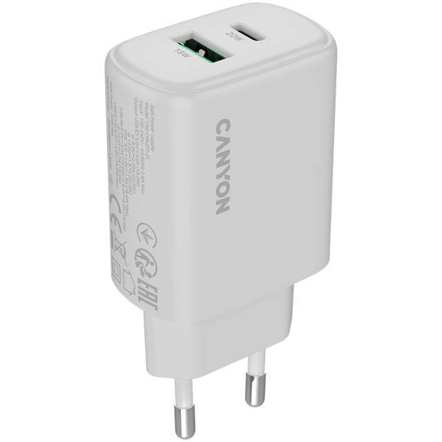 Зарядно CANYON charger OnCharge 200, 1x USB Type-C, 1x Type-A, 20W, White