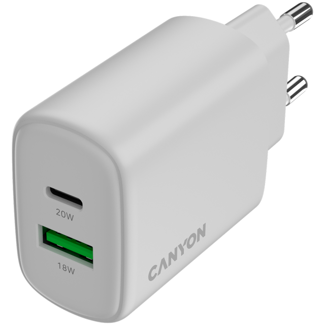 Зарядно CANYON charger OnCharge 200, 1x USB Type-C, 1x Type-A, 20W, White