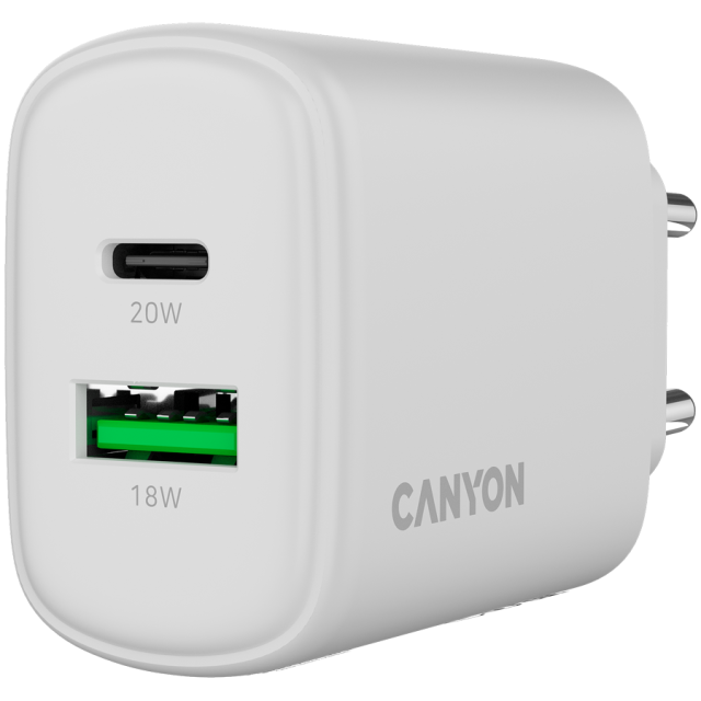 Зарядно CANYON charger OnCharge 200, 1x USB Type-C, 1x Type-A, 20W, White