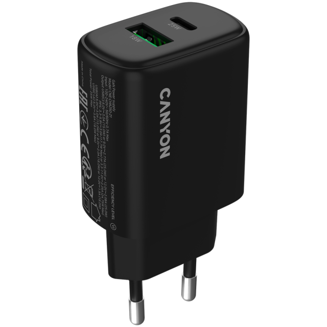 Зарядно CANYON charger OnCharge 250, 1x USB Type-C, 1x Type-A, 25W, Black