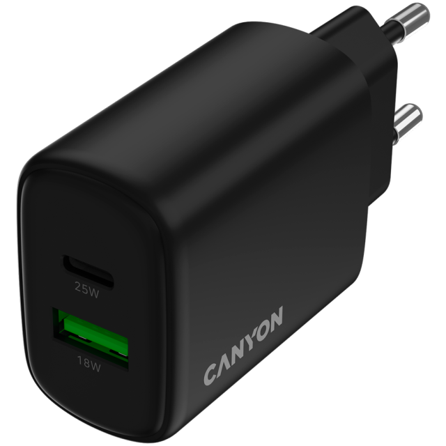 Зарядно CANYON charger OnCharge 250, 1x USB Type-C, 1x Type-A, 25W, Black