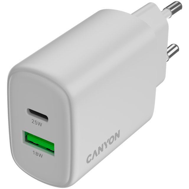 Зарядно CANYON charger OnCharge 250, 1x USB Type-C, 1x Type-A, 25W, White