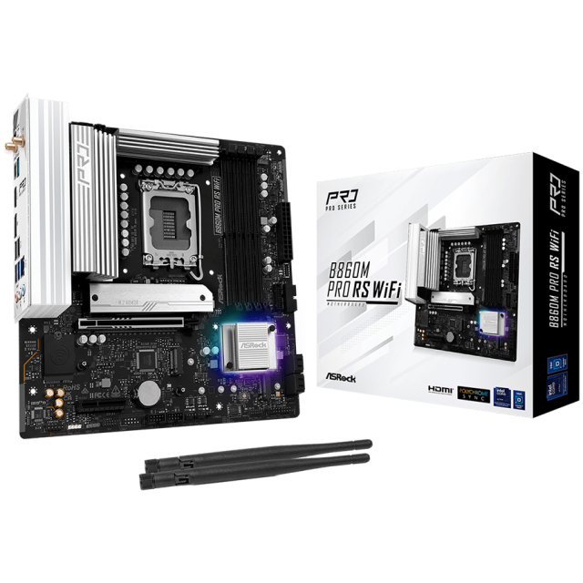 Дънна платка ASRock B860M PRO RS WIFI, B860, LGA1851, PCI-E 5.0, 4x SATA 6Gb/s, 1x Blazing M.2, 2x Hyper M.2, Wi-Fi 6E + Bluetooth 5.3, Micro ATX