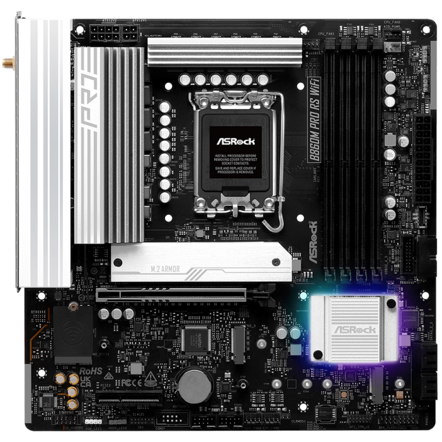 Дънна платка ASRock B860M PRO RS WIFI, B860, LGA1851, PCI-E 5.0, 4x SATA 6Gb/s, 1x Blazing M.2, 2x Hyper M.2, Wi-Fi 6E + Bluetooth 5.3, Micro ATX
