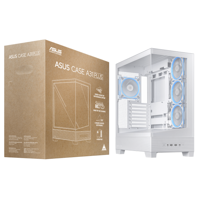 Кутия ASUS A31 PLUS ARGB White, Mid Tower, 2 x USB 3.2 Gen1, 1 x USB 3.2 Gen 2x2 Type C, 1 x headphone / Microphone, ATX / Micro-ATX / Mini-ITX