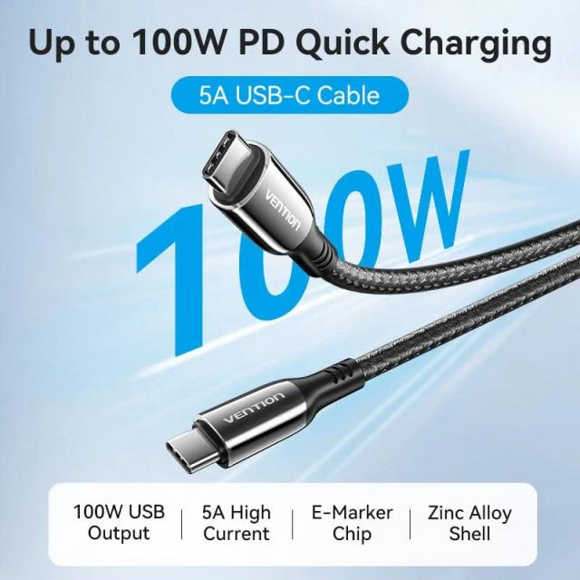 Кабел Vention USB2.0 Type-C/Type-C 100W, 2m