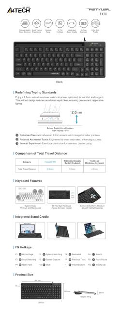 Клавиатура A4TECH Fstyler FX70, ниско профилна, USB, Black