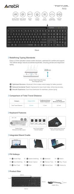 Клавиатура A4TECH Fstyler FX72, ниско профилна, ножична технология, USB
