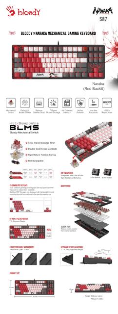 Клавиатура A4tech Bloody Naraka S87 TKL Backlit, механична, red switch, USB