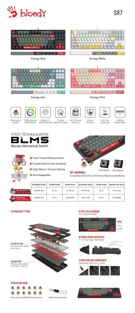 Клавиатура А4tech Bloody Energy Pink S87 BLMS TKL RGB Backlit, механична, red switch, USB