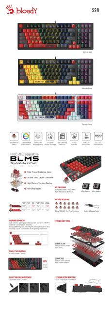 Клавиатура А4tech Bloody Sports Navy S98 BLMS RGB Backlit, механична, red switch, USB