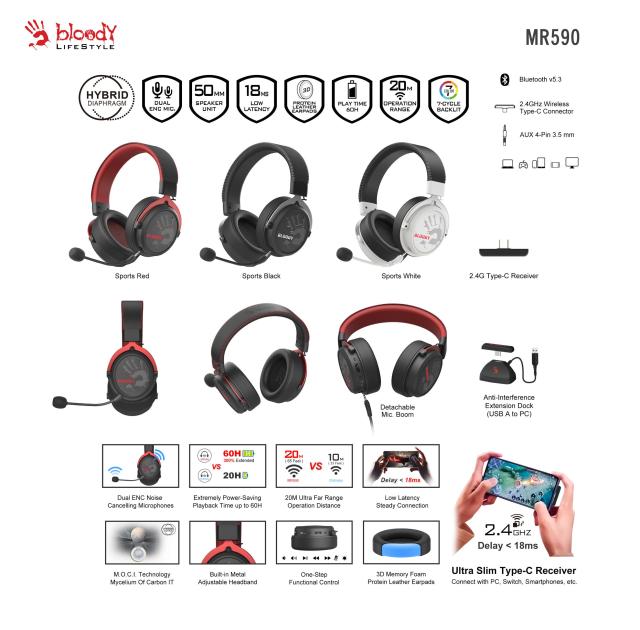 Слушалки А4tech Bloody МR-590, микрофон, Bluetooth/Wireless/1 x 3.5 мм жак, White 
