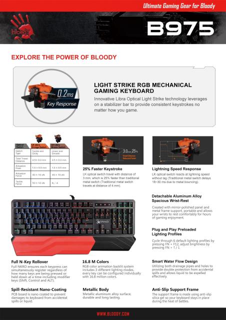 Клавиатура A4TECH Bloody B975, механична, brown switch, USB