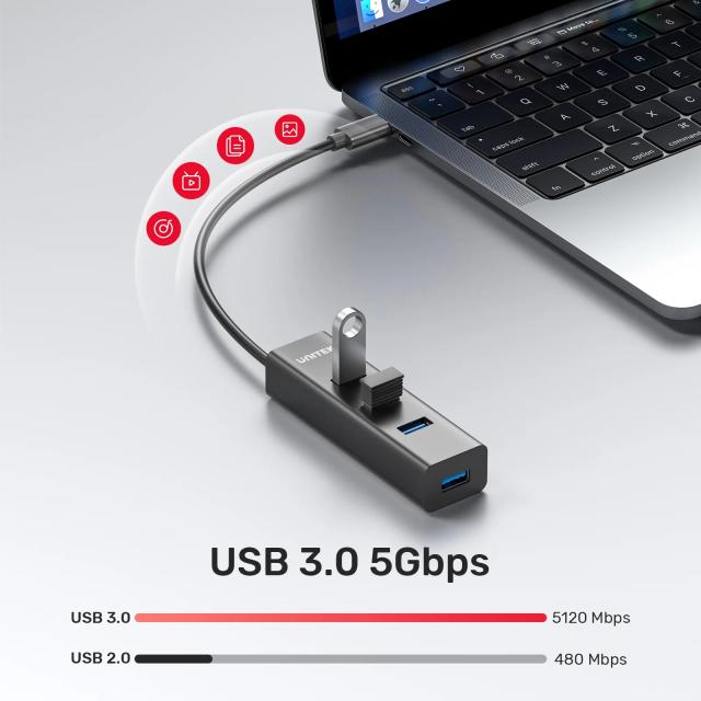 USB Хъб Unitek 4-портов, USB Type-C 3.0, Черен