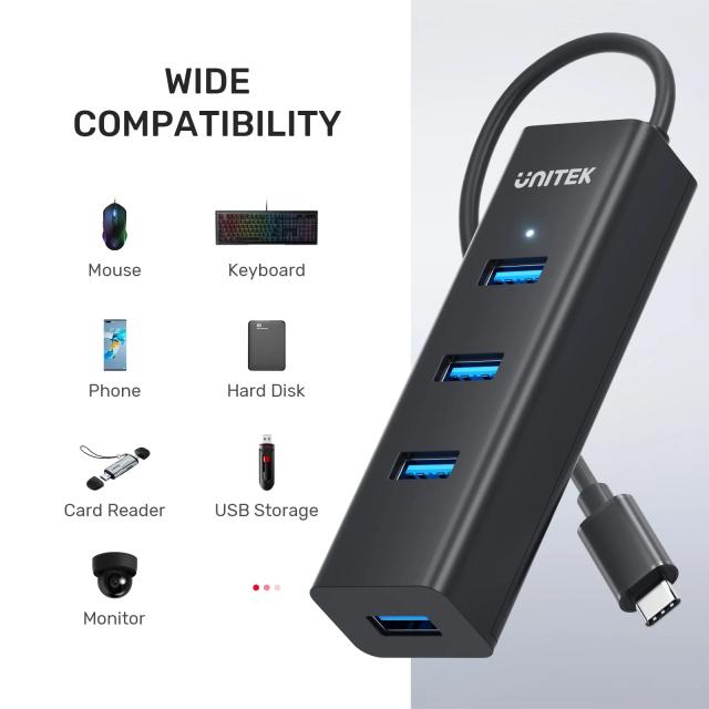 USB Хъб Unitek 4-портов, USB Type-C 3.0, Черен