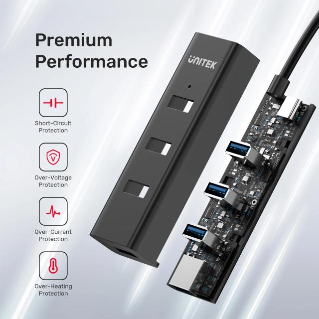 USB Хъб Unitek 4-портов, USB Type-C 3.0, Черен
