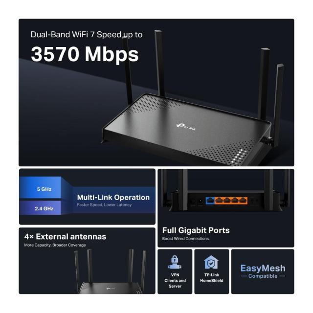 Рутер TP-Link Archer BE220, 3600Mbps, 2.4GHz (688Mbps) / 5GHz (2882Mbps), Wireless BE, 4x 10/100/1000Mbps LAN, 1x 100/1000/2500Mbps WAN