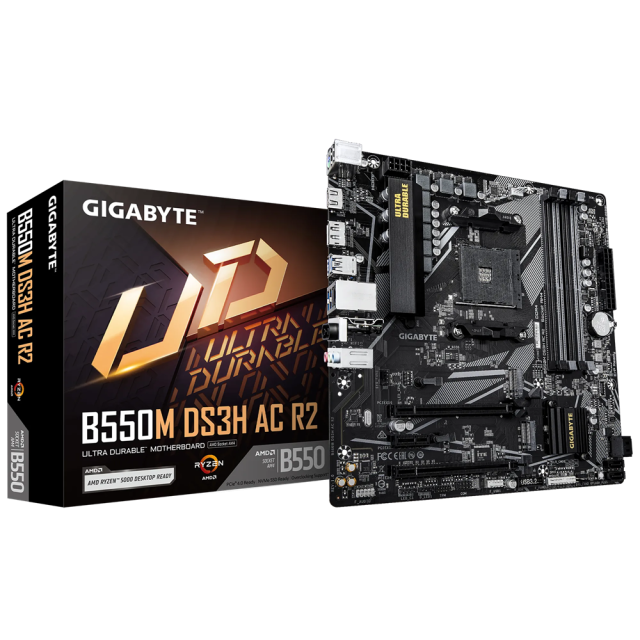 Дънна платка Gigabyte B550M DS3H AC R2, AM4, B550, DDR4, 4x SATA 6Gb/s, 2x M.2, WIFI, HDMI, DP, Micro ATX