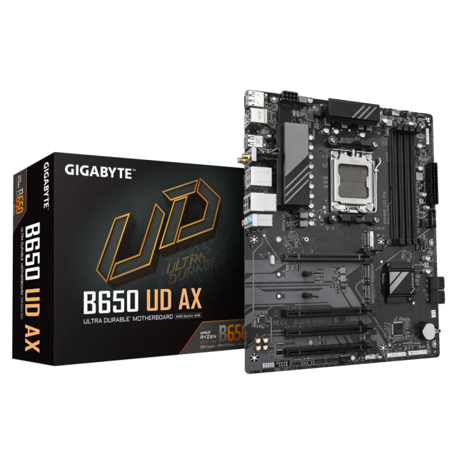 Дънна платка Gigabyte B650 UD AX, B650, AM5, DDR5, 3x M.2, 4x SATA 6Gb/s, HDMI, WIFI, DP, ATX