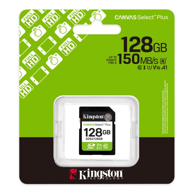 Карта памет Kingston 128GB SDS3 Canvas Select Plus, 150MB/s read, UHS-I speed class, U1, V10