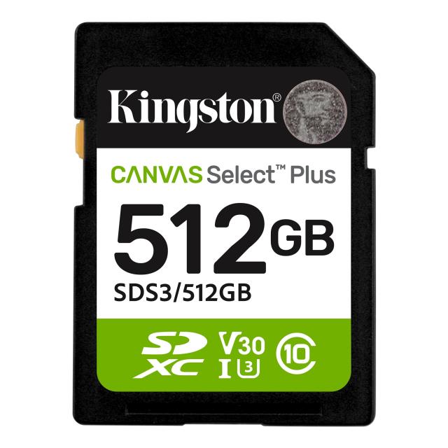 Карта памет Kingston 512GB SDS3 Canvas Select Plus, 150MB/s read, UHS-I speed class, U3, V30