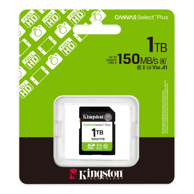 Карта памет Kingston 1TB SDS3 Canvas Select Plus, 150MB/s read, UHS-I speed class, U3, V30