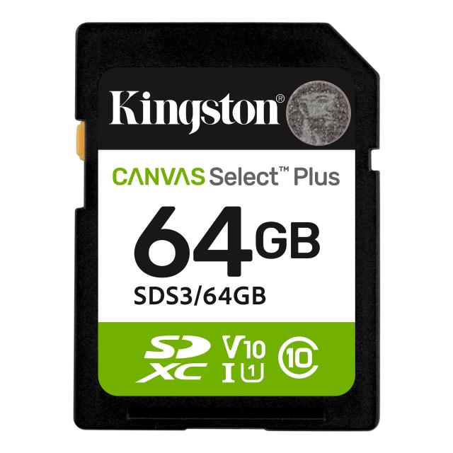 Карта памет Kingston 64GB SDS3 Canvas Select Plus, 100MB/s read, UHS-I speed class, U1, V10
