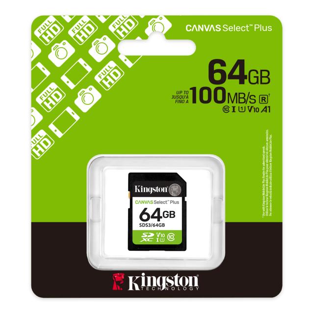 Карта памет Kingston 64GB SDS3 Canvas Select Plus, 100MB/s read, UHS-I speed class, U1, V10