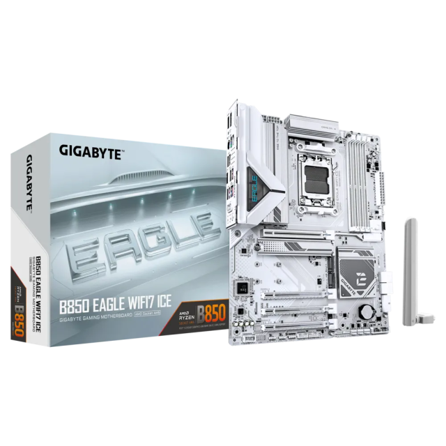 Дънна платка Gigabyte B850 EAGLE WIFI7 ICE, AM5, 4x DDR5, 3x M.2 NVMe, 4 x SATA 6Gb/s, Wi-Fi 7, Bluetooth 5.4, HDMI, DP, ATX