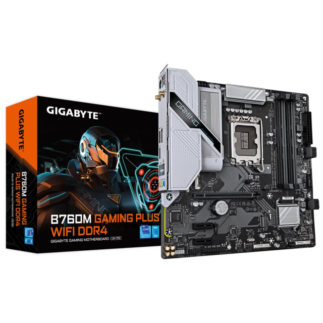 Дънна платка GIGABYTE B760M GAMING PLUS WIFI DDR4, LGA1700, 4x DDR4, 2x M.2, 4x SATA 6Gb/s, HDMI, DP, Micro ATX