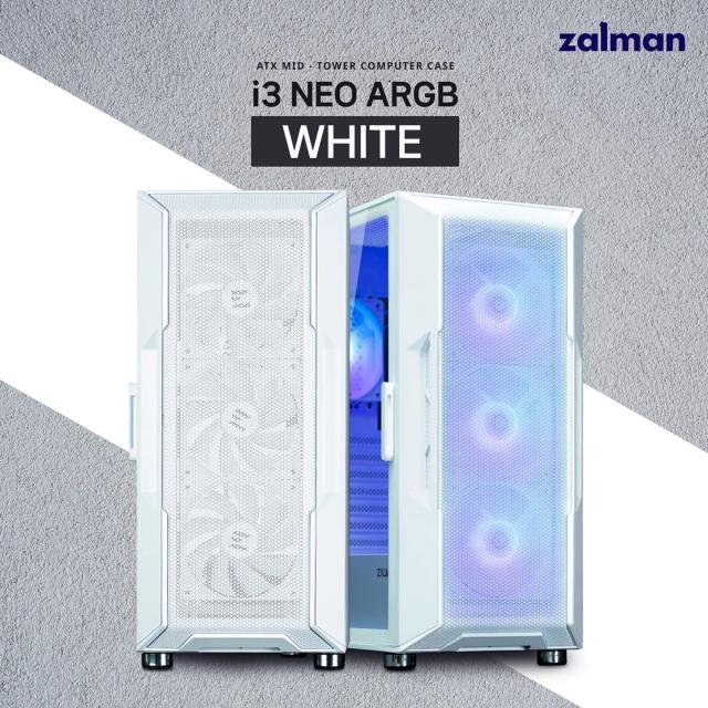 Кутия Zalman  i3 NEO ARGB Mesh White, aRGB, Middle Tower, 2x USB 3.0, 1x USB 2.0, ATX/mATX/Mini-ITX, бяла