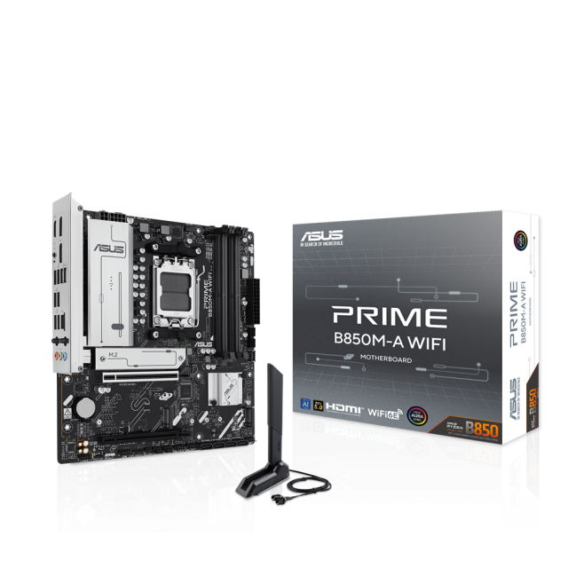 Дънна платка ASUS PRIME B850M-A WIFI, AM5, 4x DDR5, 3x M.2, 4x SATA 6Gb/s, WIFI 6E, Bluetooth v5.3, HDMI, DP, mATX