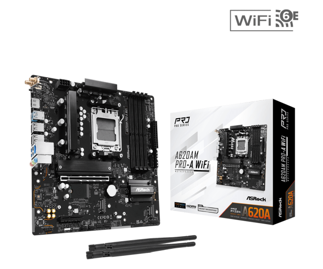 Дънна платка ASRock A620AM PRO-A WIFI, A620A, AM5, 4x DDR5, PCI-E 4.0, 2x SATA 6Gb/s, 2x M.2 slots, HDMI, Micro ATX