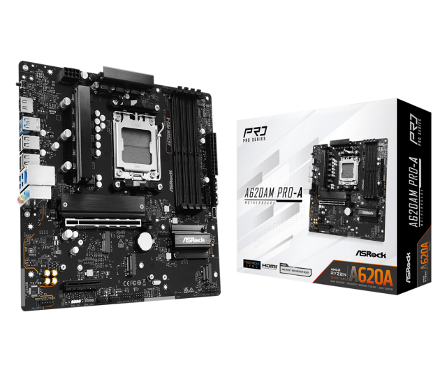 Дънна платка ASRock A620AM PRO-A, A620A, AM5, DDR5, PCI-E 4.0, 2x SATA3 6.0 Gb/s, 3x M.2 slots, HDMI, Micro ATX