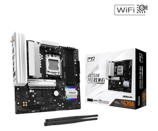 Дънна платка ASRock A620AM PRO RS WIFI, A620A, AM5, DDR5, PCI-E 4.0, 2x SATA3 6.0 Gb/s, 3x M.2 slots, HDMI, DP, Micro ATX