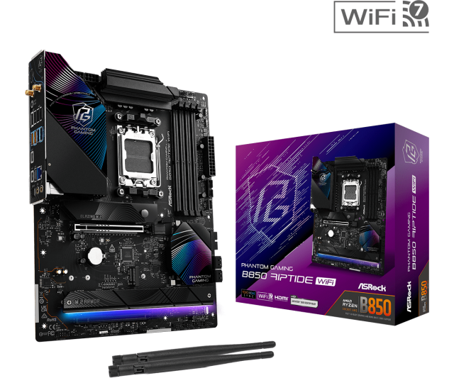 Дънна платка ASRock B850 RIPTIDE WIFI, B850, AM5, DDR5, PCI-E 5.0, 4x SATA 6Gb/s, 1x Blazing M.2 slot, 3x Hyper M.2 slots, HDMI, ATX