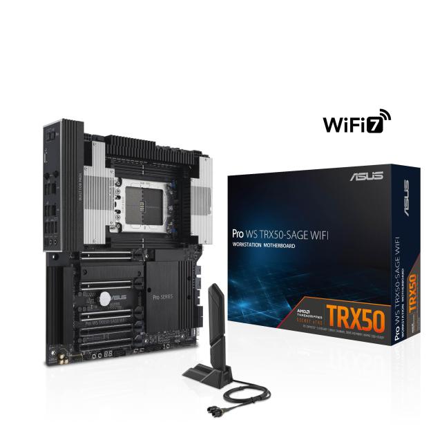 Дънна платка ASUS Pro WS TRX50-SAGE WIFI, sTR5 4x DDR5, 3x M.2slot, 4 x SATA 6Gb/s, Wi-Fi 7 / Bluetooth 5.4, 2x Ethernet, CEB