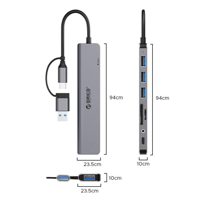 Хъб Orico 8 портов, SD/TF Card Reader, USB-C/USB-A, USB 3.0/2.0