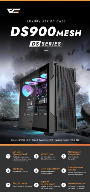 Кутия Darkflash DS900 Mesh Black, Middle Tower, 1 x USB 3.0, 2 x USB 2.0, 1 x HD Audio, Mini-ITX / mATX / ATX