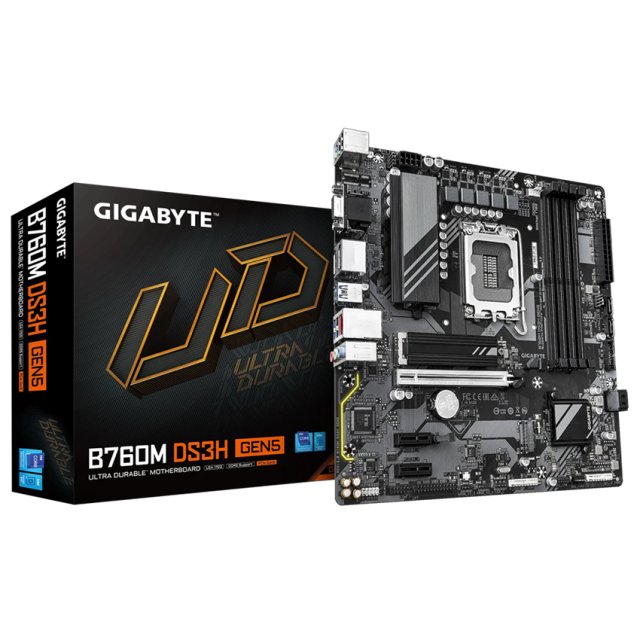 Дънна платка GIGABYTE B760M DS3H GEN5, LGA1700, 4x DDR4, 2x M.2, 4x SATA 6Gb/s, VGA, HDMI, DP, Micro ATX
