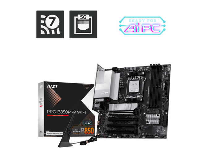 Дънна платка MSI PRO B850M-P WIFI, AM5, 4 x DDR5, 3 x M.2, 4 x SATA, HDMI, mATX